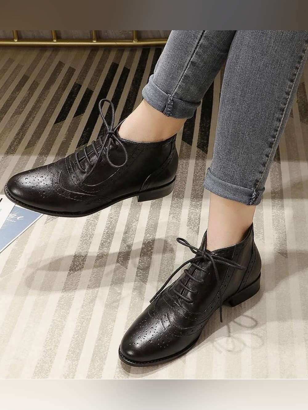 Mona Flying Women's Leather Brogue Ankle Boots Low Heel Oxford Bootie Black 8.5